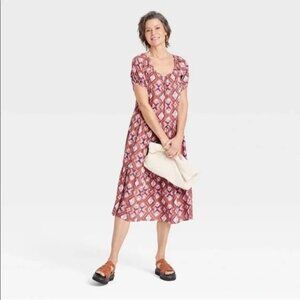 Knox Rose Puff Short Sleeve Tiered A Line Midi Dress Size L Geometric